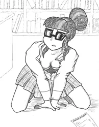 Size: 2471x3186 | Tagged: suggestive, artist:bigmacintosh2000, derpibooru import, sci-twi, twilight sparkle, equestria girls, book, bookshelf, bra, breasts, cleavage, clothes, crystal prep academy uniform, desk, female, glasses, grayscale, hair bun, ink, kneeling, monochrome, school, school uniform, school uniform fetish, schoolgirl, shirt, skirt, socks, solo, solo female, traditional art, unbuttoned, underwear