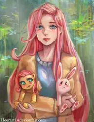 Size: 1275x1650 | Tagged: angel bunny, artist:simha, clothes, cute, dead source, derpibooru import, digital art, doll, fluttershy, holding, human, humanized, jacket, jumper, light skin, looking at you, outdoors, pink hair, plush bunny, plushie, rabbit, safe, shyabetes, solo, speedpaint, standing, sweater, sweatershy, toy