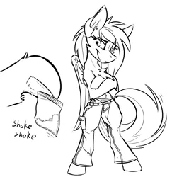 Size: 1244x1280 | Tagged: safe, artist:ralek, derpibooru import, oc, oc:silvia, unofficial characters only, pegasus, pony, semi-anthro, bedroom eyes, bipedal, cargo pants, clothes, crossed hooves, fluffy, hoof hold, looking at you, monochrome, panties, smiling, solo focus, thong, underhoof, underwear