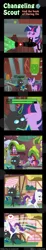 Size: 600x3263 | Tagged: safe, artist:vavacung, derpibooru import, daring do, rarity, twilight sparkle, twilight sparkle (alicorn), alicorn, changeling, pony, comic:changeling-scout, book, changeling feeding, comic, glomp, heart, kissing, medigun, pointy ponies, reading, shipping, team fortress 2