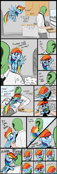 Size: 842x2548 | Tagged: safe, artist:mostazathy, color edit, derpibooru import, edit, rainbow dash, oc, oc:anon, human, pony, tanks for the memories, bad joke, colored, comic, crying, cute, dashabetes, death stare, feels, floppy ears, frown, glomp, hibernation, holding a pony, hug, knife, madorable, sad, tsunderainbow, tsundere, unamused, vulgar