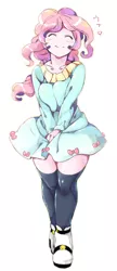 Size: 350x812 | Tagged: safe, artist:hiza take, derpibooru import, pinkie pie, equestria girls, blushing, clothes, cute, diapinkes, dress, eyes closed, heart, humanized, japanese, kneesocks, pixiv, simple background, smiling, socks, solo, white background