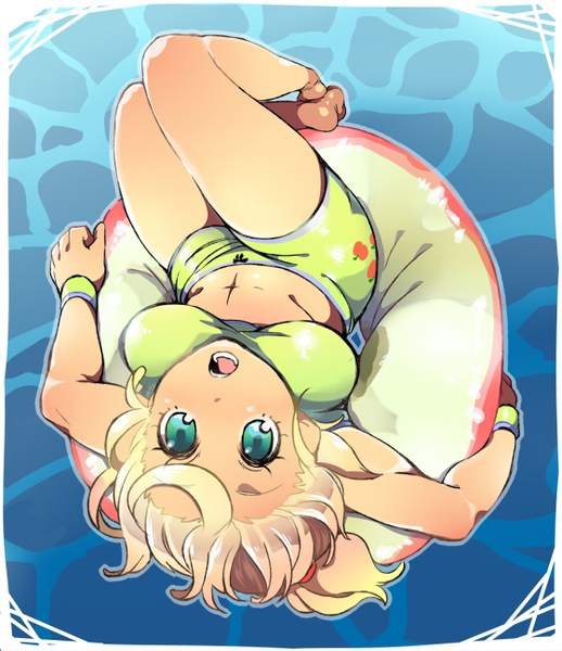 Size: 560x649 | Tagged: suggestive, artist:hiza take, derpibooru import, applejack, equestria girls, abs, belly button, bikini, breasts, clothes, female, inner tube, pixiv, solo, solo female, swimming pool, swimming trunks, swimsuit, wristband