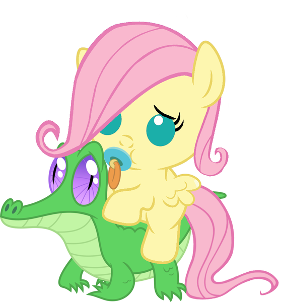 Size: 946x1017 | Tagged: safe, artist:red4567, derpibooru import, fluttershy, gummy, pony, :t, baby, baby pony, babyshy, cute, foal, pacifier, ponies riding gators, recolor, riding, shyabetes