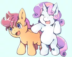 Size: 650x515 | Tagged: safe, artist:hiza take, derpibooru import, scootaloo, sweetie belle, pony, bipedal, blush sticker, blushing, eyes closed, pixiv