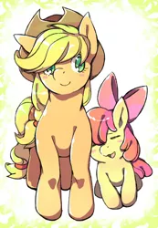 Size: 450x650 | Tagged: safe, artist:hiza take, derpibooru import, apple bloom, applejack, pixiv