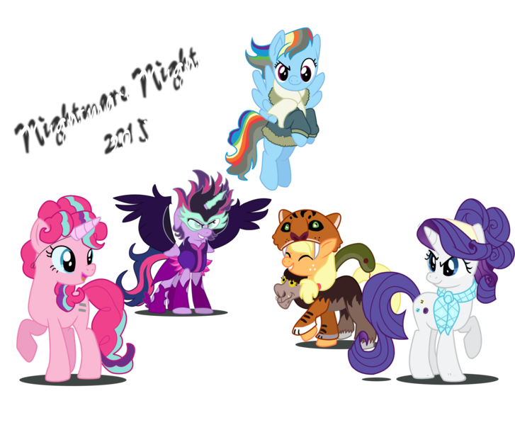 Size: 2603x2147 | Tagged: safe, artist:schnuffitrunks, derpibooru import, applejack, chimera sisters, pinkie pie, rainbow dash, rarity, starlight glimmer, suri polomare, twilight sparkle, twilight sparkle (alicorn), wind rider, chimera, equestria girls, friendship games, rarity investigates, clothes, costume, fake horn, midnight sparkle, multiple heads, nightmare night, simple background, three heads, transparent background