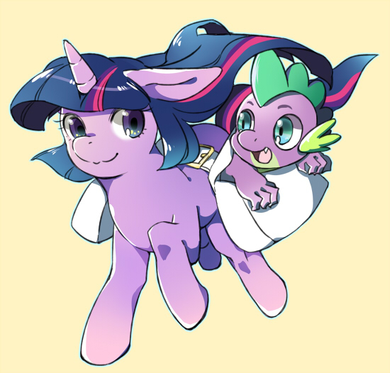 Size: 550x526 | Tagged: artist:hiza take, derpibooru import, pixiv, saddle bag, safe, spike, twilight sparkle