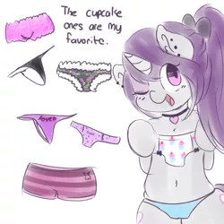 Size: 1280x1280 | Tagged: suggestive, artist:wickedsilly, derpibooru import, oc, oc:wicked silly, unofficial characters only, pony, unicorn, belly button, black underwear, blue underwear, boyshorts, clothes, ear piercing, female, frilly underwear, panties, piercing, pink underwear, polka dot underwear, ribbon, solo, solo female, thong, underwear