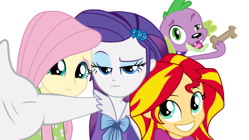 Size: 1366x768 | Tagged: safe, artist:luchita27, derpibooru import, fluttershy, rarity, spike, sunset shimmer, dog, equestria girls, rainbow rocks, clothes, dog treat, group shot, meme, open mouth, pajamas, photobomb, raised eyebrow, selfie, simple background, smiling, spike the dog, tongue out, transparent background, vector