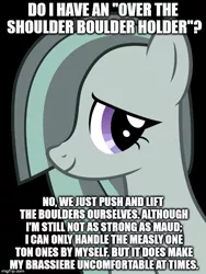 Size: 500x666 | Tagged: derpibooru import, do you even lift, image macro, marble pie, maud pie, meme, painfully innocent marble, rock pun, safe