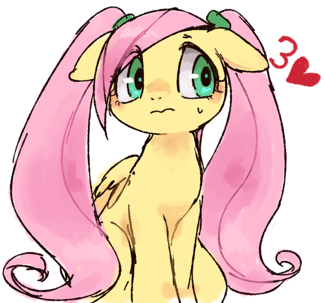 Size: 659x614 | Tagged: safe, artist:kei05, derpibooru import, fluttershy, pegasus, pony, alternate hairstyle, female, floppy ears, heart, pigtails, simple background, solo, twintails, white background