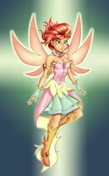 Size: 2255x3606 | Tagged: safe, artist:nauth, derpibooru import, sunset shimmer, equestria girls, friendship games, artificial wings, augmented, cleavage, clothes, colored, daydream shimmer, dress, female, fingerless gloves, gloves, horn, magic, magic wings, skirt, solo, wings