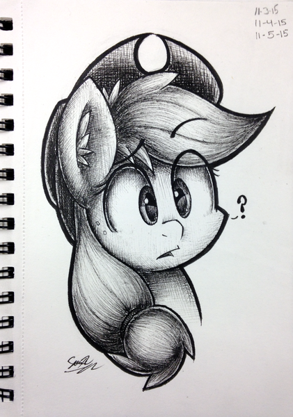 Size: 2217x3161 | Tagged: safe, artist:sheandog, derpibooru import, applejack, monochrome, portrait, solo, traditional art