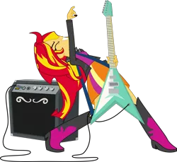 Size: 5448x5000 | Tagged: safe, artist:nano23823, derpibooru import, sunset shimmer, equestria girls, rainbow rocks, .svg available, absurd resolution, boots, clothes, equipment, eyes closed, flying v, guitar, guitar pick, leather jacket, musical instrument, playing, simple background, skirt, solo, speaker, sunset shredder, transparent background, vector