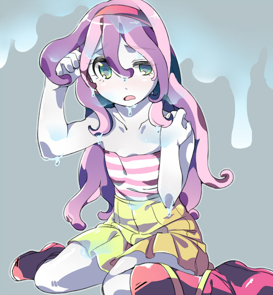 Size: 625x674 | Tagged: suggestive, artist:hiza take, derpibooru import, sweetie belle, equestria girls, clothes, female, looking at you, older, open mouth, pixiv, simple background, soaked, solo, solo female, wet