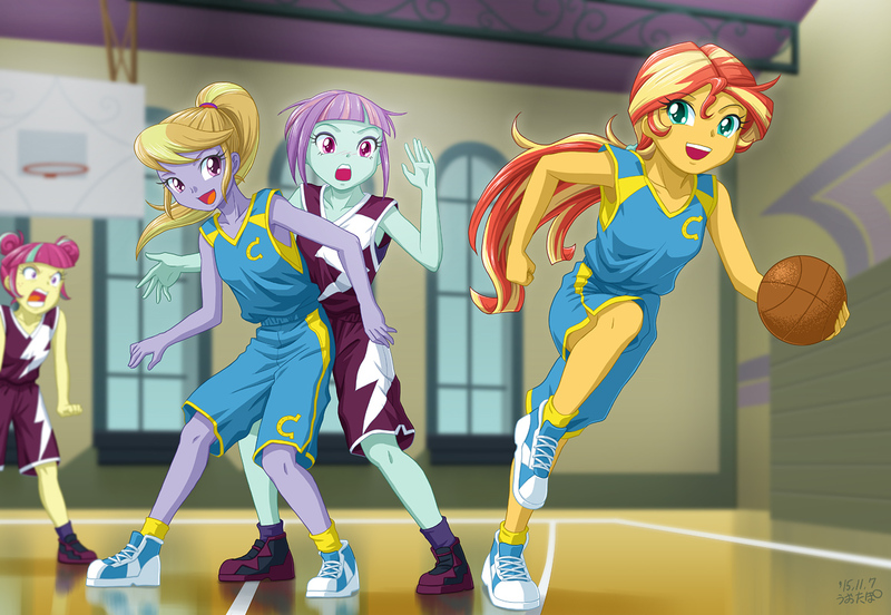 Size: 1160x800 | Tagged: safe, artist:uotapo, derpibooru import, cloudy kicks, sour sweet, sunny flare, sunset shimmer, equestria girls, friendship games, alternate hairstyle, armpits, background human, ball is life, basketball, clothes, crystal prep academy, crystal prep shadowbolts, female, open mouth, ponytail, shoes, sneakers, sour rage, sunset helper, wondercolts