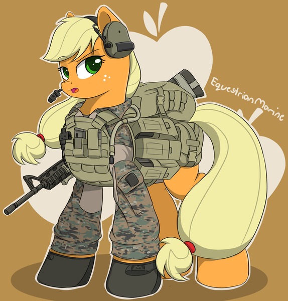 Size: 1500x1567 | Tagged: applejack, artist:equestrianmarine, assault rifle, camouflage, clothes, derpibooru import, gun, headset, m16, m4a1, m4 carbine, marine, military uniform, rifle, safe, solo, uniform, weapon