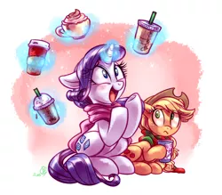 Size: 4000x3500 | Tagged: safe, artist:whitediamonds, derpibooru import, applejack, rarity, earth pony, pony, unicorn, caffeine, cappuccino, clothes, coffee, cup, cute, drink, female, hat, lesbian, levitation, magic, open mouth, raribetes, rarijack, rarijack daily, scarf, shipping, smiling, starbucks, sweat, sweatdrop, telekinesis, this will end in weight gain, underhoof, wavy mouth