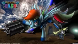 Size: 1600x900 | Tagged: safe, artist:tobibrocki, derpibooru import, derpy hooves, rainbow dash, pegasus, pony, armor, blackletter, clothes, crossover, female, glare, gritted teeth, looking at you, mare, outfit, planet, rocket launcher, running, spread wings, unreal tournament, weapon, wide eyes