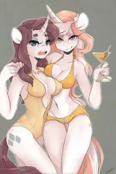 Size: 1200x1800 | Tagged: suggestive, artist:dahliabee, derpibooru import, fleur-de-lis, rarity, anthro, absolute cleavage, alcohol, belly button, bellyring, bikini, breasts, breast squish, busty fleur-de-lis, busty rarity, cleavage, clothes, cocktail, curved horn, female, heart eyes, horn, jewelry, lidded eyes, looking at you, necklace, one-piece swimsuit, open mouth, piercing, swimsuit, thigh gap, underass, wingding eyes