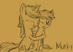 Size: 2893x2039 | Tagged: artist needed, derpibooru import, fallout equestria, fallout equestria: murky number seven, hug, murkylight, oc, oc:glimmerlight, oc:murky, safe, sketch, unofficial characters only