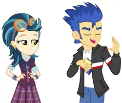 Size: 366x309 | Tagged: safe, artist:missgoldendragon, artist:xebck, derpibooru import, flash sentry, indigo zap, equestria girls, friendship games, bored, female, indigo zap is not amused, male, shipping, smug, straight, unamused, zapsentry