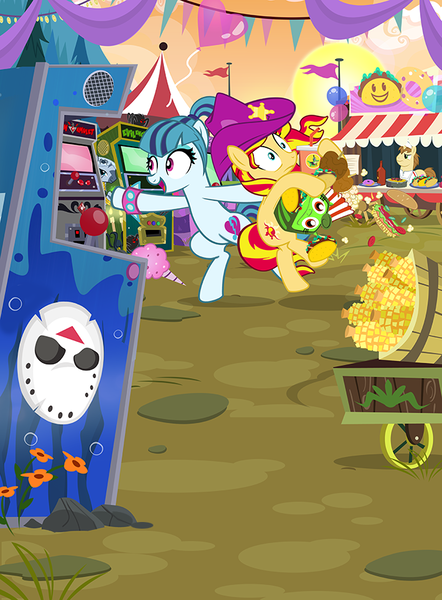 Size: 663x900 | Tagged: safe, artist:pixelkitties, derpibooru import, donut joe, sonata dusk, sunset shimmer, zecora, ponified, pony, spider, zebra, alicorn amulet, arcade, carnival, cotton candy, donut, evil enchantress, female, food, friday the 13th, hat, jason voorhees, lesbian, mask, shipping, sunata, taco