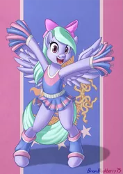 Size: 679x960 | Tagged: safe, artist:brianblackberry, derpibooru import, flitter, pony, semi-anthro, bipedal, cheerleader, hair bow, leg warmers, solo