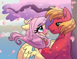 Size: 3380x2600 | Tagged: safe, artist:dreamscapevalley, derpibooru import, big macintosh, fluttershy, earth pony, pony, blushing, cherry blossoms, cute, flower, flower blossom, fluttermac, male, petals, shipping, shyabetes, stallion, straight, windswept mane