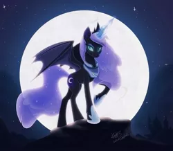 Size: 1500x1308 | Tagged: dead source, safe, artist:kawaiidogarts, derpibooru import, nightmare moon, alicorn, pony, the moon rises, alternate design, bat wings, canterlot, crown, ethereal mane, female, full moon, glowing horn, hoof fluff, hoof shoes, horn, jewelry, looking at you, majestic, mare, moon, night, night sky, raised hoof, regalia, rock, signature, sky, slit eyes, smiling, solo, spread wings, standing, starry mane, starry night, starry tail, stars, wings