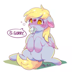 Size: 900x900 | Tagged: safe, artist:nanghyang, derpibooru import, derpy hooves, pegasus, pony, blushing, cute, derpabetes, dialogue, female, floppy ears, letter, mare, mouth hold, simple background, sitting, solo, speech bubble, transparent background