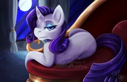 Size: 917x593 | Tagged: safe, artist:thatonetrickpony, derpibooru import, rarity, fainting couch, moon, prone, solo, watermark