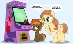 Size: 1000x598 | Tagged: arcade, arcade game, artist:pixelkitties, bits, button mash, derpibooru import, joke, oc, oc:cream heart, open mouth, parody, pun, raised hoof, safe, sitting, speech bubble, talking, tatzlwurm, tremors