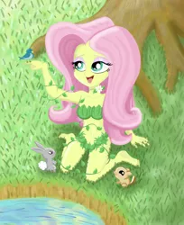 Size: 1390x1700 | Tagged: safe, artist:kittyprints91, derpibooru import, fluttershy, bird, dryad, nymph, rabbit, equestria girls, animal, flutterdryad, grass, nature, open mouth, pond, sitting, solo, species swap, tree trunk, water