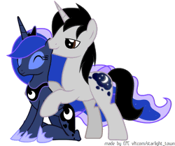 Size: 863x720 | Tagged: safe, artist:egegokprochannel, derpibooru import, princess luna, oc, oc:lunar evening, animated, canon x oc, ear bite, ears, ethereal mane, horses doing horse things, luvning, shipping, simple background