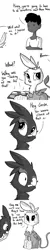 Size: 806x4030 | Tagged: safe, artist:tjpones, derpibooru import, oc, oc:gerdie, unofficial characters only, gryphon, human, horse wife, blushing, comic, cute, grayscale, griffon oc, monochrome, oven mitts, scratches, threat, tumblr