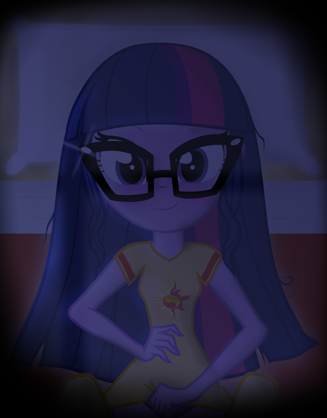 Size: 2500x3200 | Tagged: suggestive, artist:darthlena, derpibooru import, sci-twi, sunset shimmer, twilight sparkle, twilight sparkle (alicorn), equestria girls, friendship games, blushing, clothes, clothes swap, female, glasses, lesbian, looking at you, offscreen character, pony on human, scitwishimmer, shipping, solo, solo female, sunsetsparkle