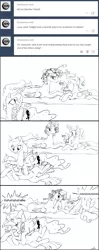 Size: 1280x3234 | Tagged: safe, artist:silfoe, derpibooru import, princess cadance, princess celestia, princess luna, twilight sparkle, twilight sparkle (alicorn), alicorn, pony, royal sketchbook, alicorn tetrarchy, behaving like a dog, bellyrubs, blushing, brush, comic, cute, female, grayscale, hair curlers, laughing, leg twitch, lesbian, magic, mare, monochrome, shipping, telekinesis, twiabetes, twiluna