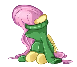 Size: 1633x1439 | Tagged: safe, artist:flamevulture17, derpibooru import, fluttershy, pegasus, pony, clothes, female, gravity falls, green sweater, hiding, mare, scared, simple background, sitting, solo, sweater, sweater town, sweatershy, transparent background
