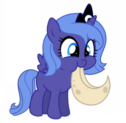 Size: 720x707 | Tagged: safe, artist:bluse, derpibooru import, princess luna, alicorn, pony, :t, adorawat, animated, cute, daaaaaaaaaaaw, eating, edible heavenly object, female, filly, hnnng, lunabetes, moon, munching, nom, puffy cheeks, s1 luna, show accurate, simple background, smiling, solo, tangible heavenly object, wat, weapons-grade cute, white background, woona
