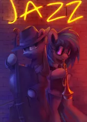 Size: 1024x1440 | Tagged: safe, artist:anticular, derpibooru import, octavia melody, vinyl scratch, earth pony, pony, unicorn, bipedal, cello, clothes, duo, duo female, female, hat, jazz, mare, musical instrument, neon, neon sign, trumpet