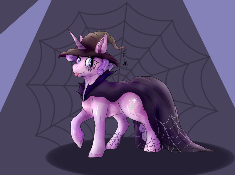 Size: 3358x2500 | Tagged: safe, artist:artoffel-kartoffel, derpibooru import, oc, oc:quartz horn, unofficial characters only, crystal pony, pony, spider, unicorn, cape, clothes, female, filly, hat, nightmare night, solo, spider web, witch, witch hat