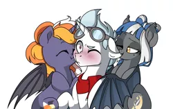 Size: 6442x4057 | Tagged: safe, artist:xcolorblisssketchx, derpibooru import, oc, oc:candy corn, oc:ice breaker, oc:midnight rush, unofficial characters only, bat pony, pony, unicorn, absurd resolution, blushing, clothes, costume, ear bite