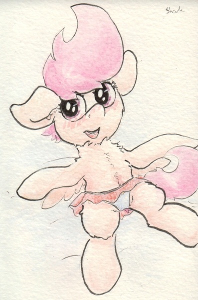 Size: 695x1050 | Tagged: questionable, artist:slightlyshade, derpibooru import, scootaloo, pegasus, pony, belly button, blushing, clothes, female, filly, panties, skirt, skirtaloo, solo, solo female, traditional art, underwear, upskirt, white underwear