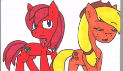 Size: 688x400 | Tagged: applejack, appleknux, artist:cmara, crossover, crossover shipping, derpibooru import, knuckles the echidna, knuxjack, ponified, safe, shipping, sonic the hedgehog (series), traditional art