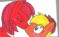 Size: 576x368 | Tagged: applejack, appleknux, artist:cmara, crossover, crossover shipping, derpibooru import, kissing, knuckles the echidna, knuxjack, ponified, safe, shipping, sonic the hedgehog (series), traditional art