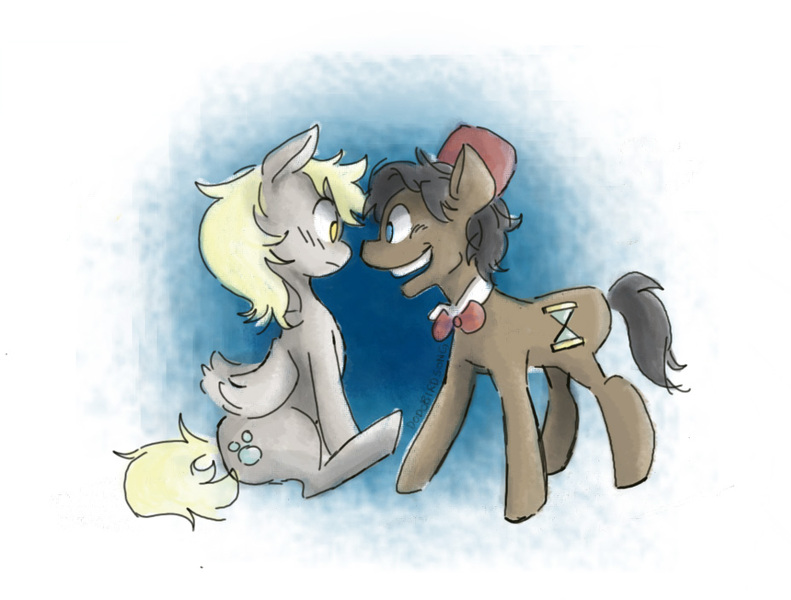 Size: 928x704 | Tagged: safe, artist:dodobirdsong, derpibooru import, derpy hooves, doctor whooves, time turner, earth pony, pegasus, pony, bowtie, eleventh doctor, eye contact, female, fez, gradient background, hat, looking at each other, male, mare, no pupils, sitting, stallion