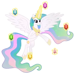 Size: 8500x8500 | Tagged: safe, artist:osipush, artist:techrainbow, derpibooru import, princess celestia, alicorn, pony, absurd resolution, element of generosity, element of honesty, element of kindness, element of laughter, element of loyalty, element of magic, elements of harmony, ethereal mane, female, flying, horn, implied princess luna, inkscape, levitation, magic, mare, offscreen character, reaching out, simple background, solo, spread wings, telekinesis, transparent background, vector, wings