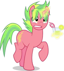 Size: 4500x5009 | Tagged: safe, artist:xebck, derpibooru import, lemon zest, ponified, pony, unicorn, equestria girls, friendship games, absurd resolution, equestria girls ponified, glass, lemonade, lime citron, magic, pink lemonade (r63), rule 63, silly straw, simple background, solo, transparent background, vector, worried